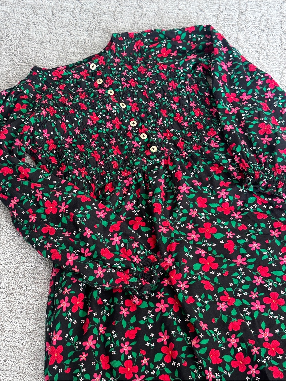 Cat & Jack Black Floral Long Sleeve Smocked Dress. Red & Pink Flowers XL 10/12